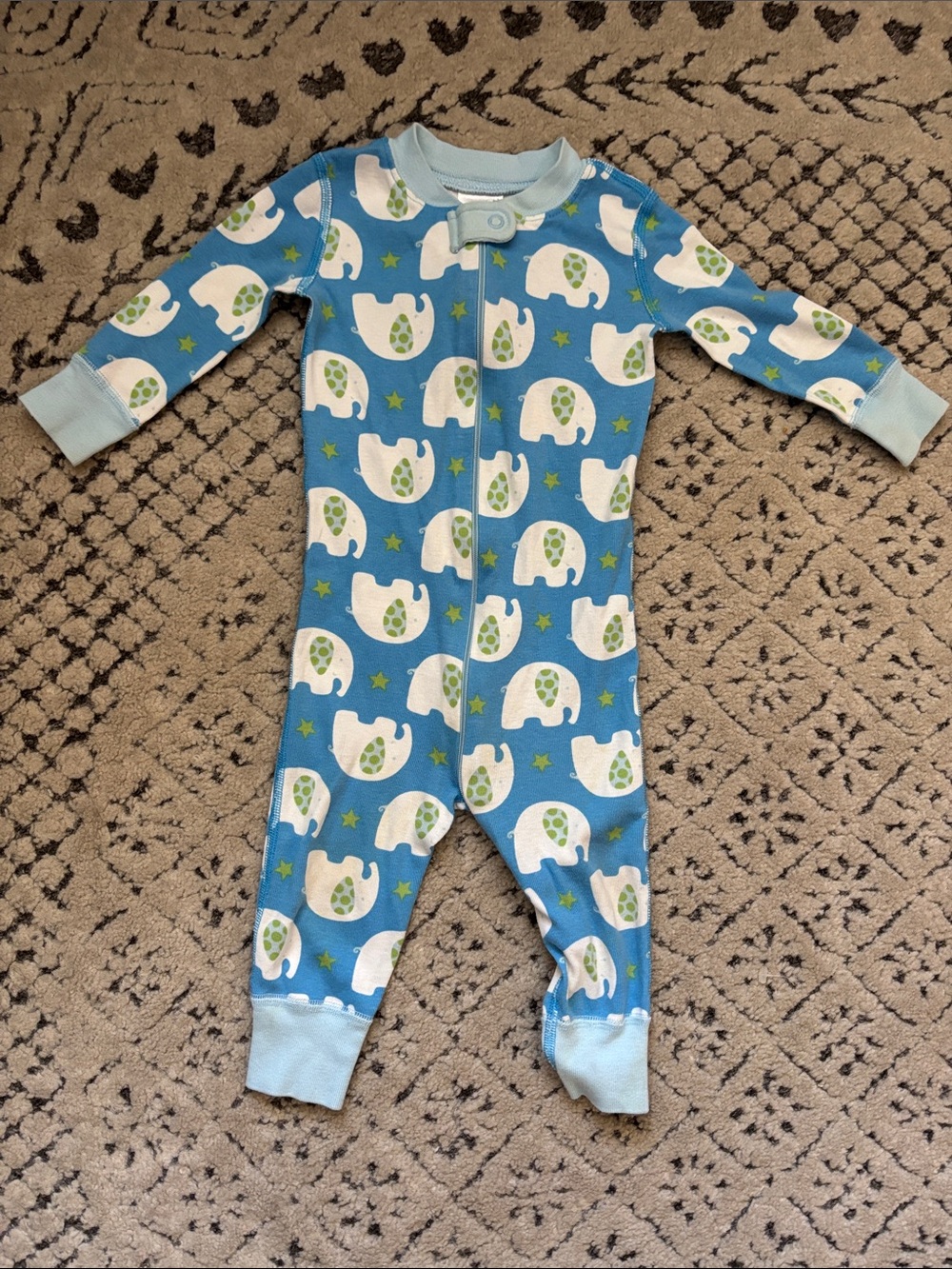 Hanna Andersson Blue Elephant Print Kids One-Piece Pajamas Sz 9-18 mo